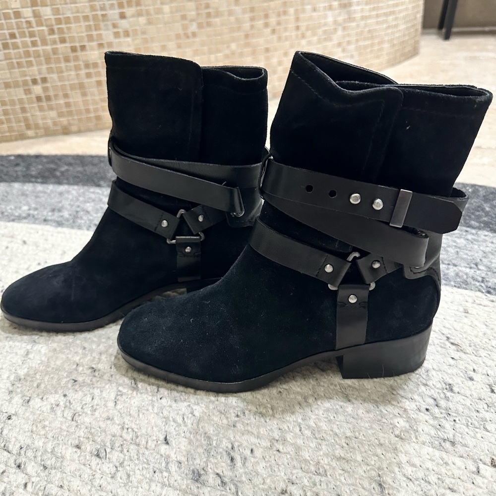 Pour La Victoire Caron Black Suede Double Strap  Ankle Boot NWOT